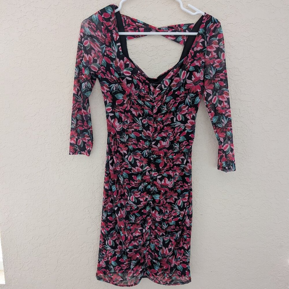 Vintage Guess Y2K Sheer Bodycon Ruched Holiday Party Cocktail Dress Keyhole Sz M